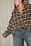 R13 - Blouse - Shredded Seam Drop Neck Shirt - Black Khaki Plaid