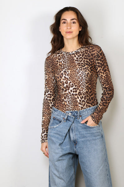 Shop Ganni - Top - Printed Marl Mesh Long Sleeve - Leopard - BYLOTTE